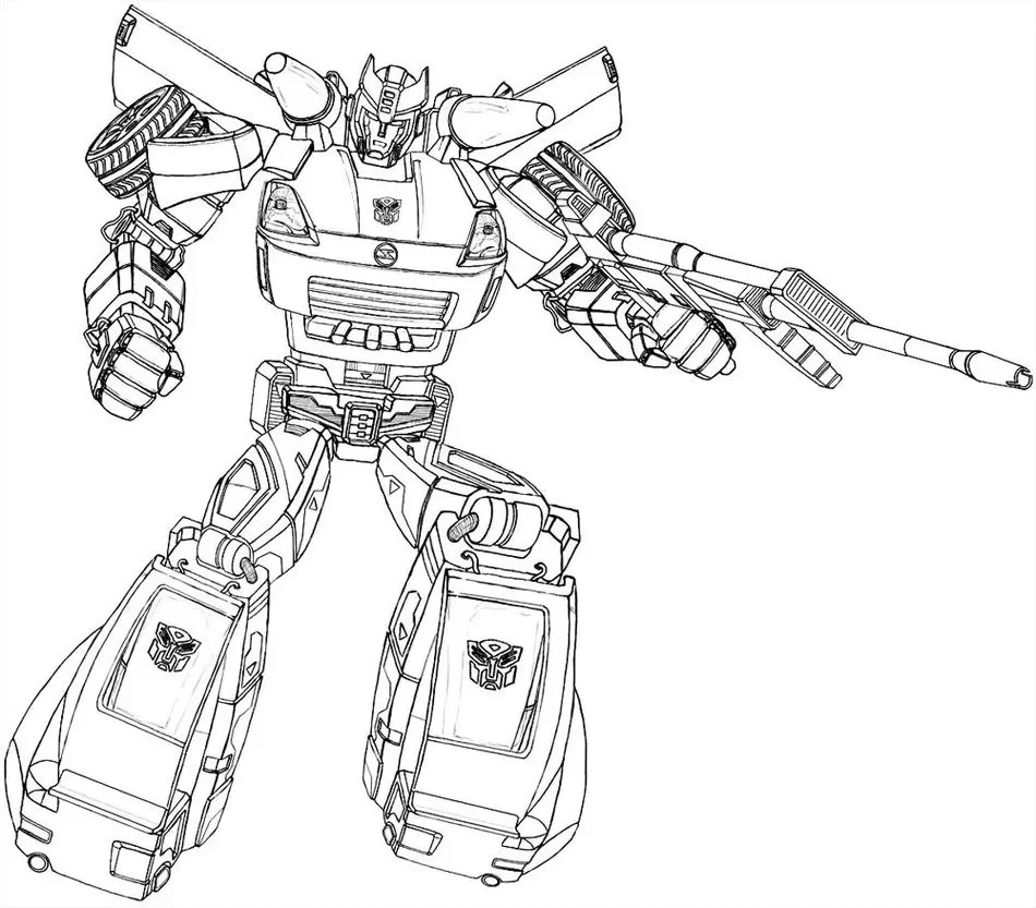 Transformer Amarelo pronto para colorir em PDF. Robô em pose de ação com arma, símbolo no peito e pernas robustas.