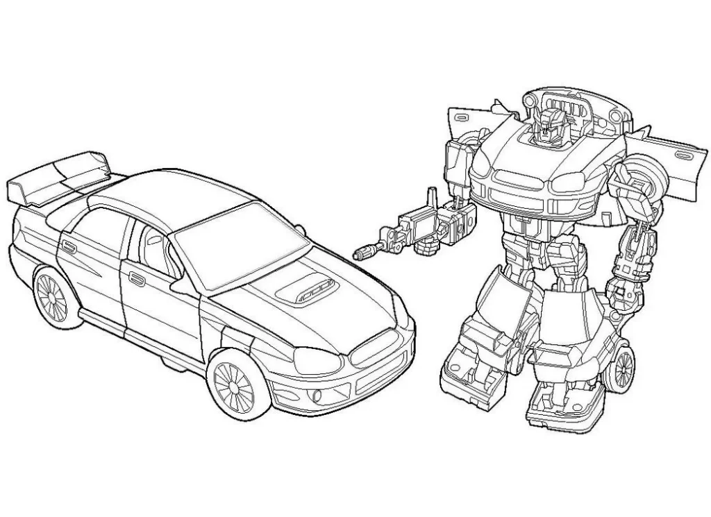 Desenho de Transformers para colorir: Carro esportivo e robô com arma.