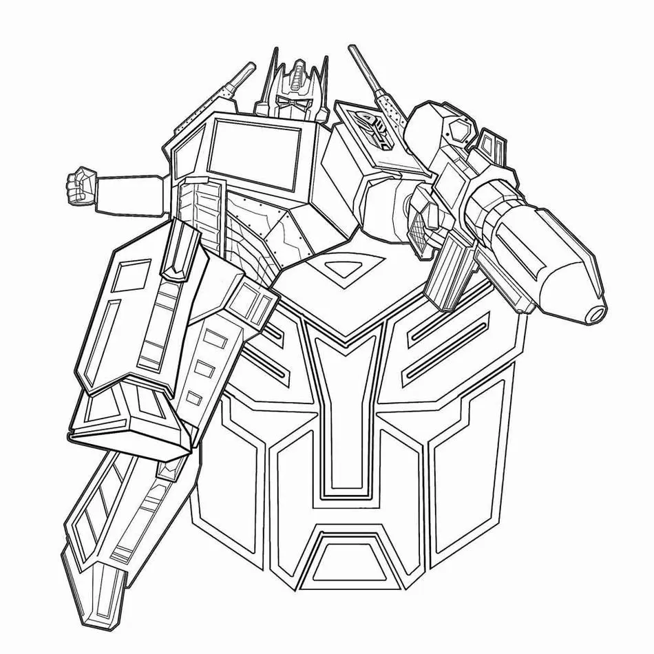Transformers Arma Poderosa para colorir em PDF: Desenho de robô imponente com arma.