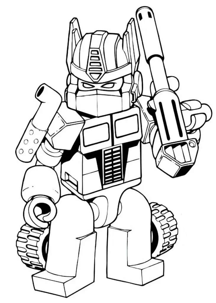 Optimus Prime para colorir em PDF: brinquedo Transformer em pose com arma.