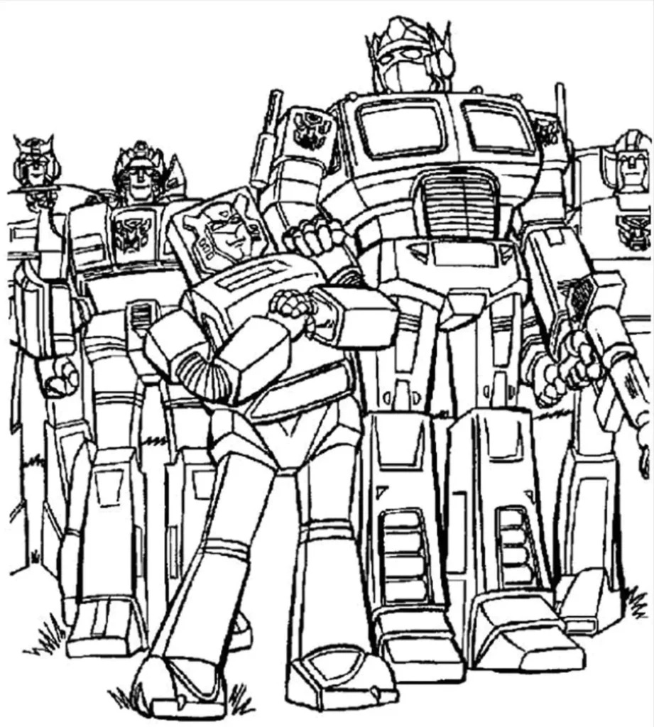 Transformers para colorir em PDF: Vários robôs em ação