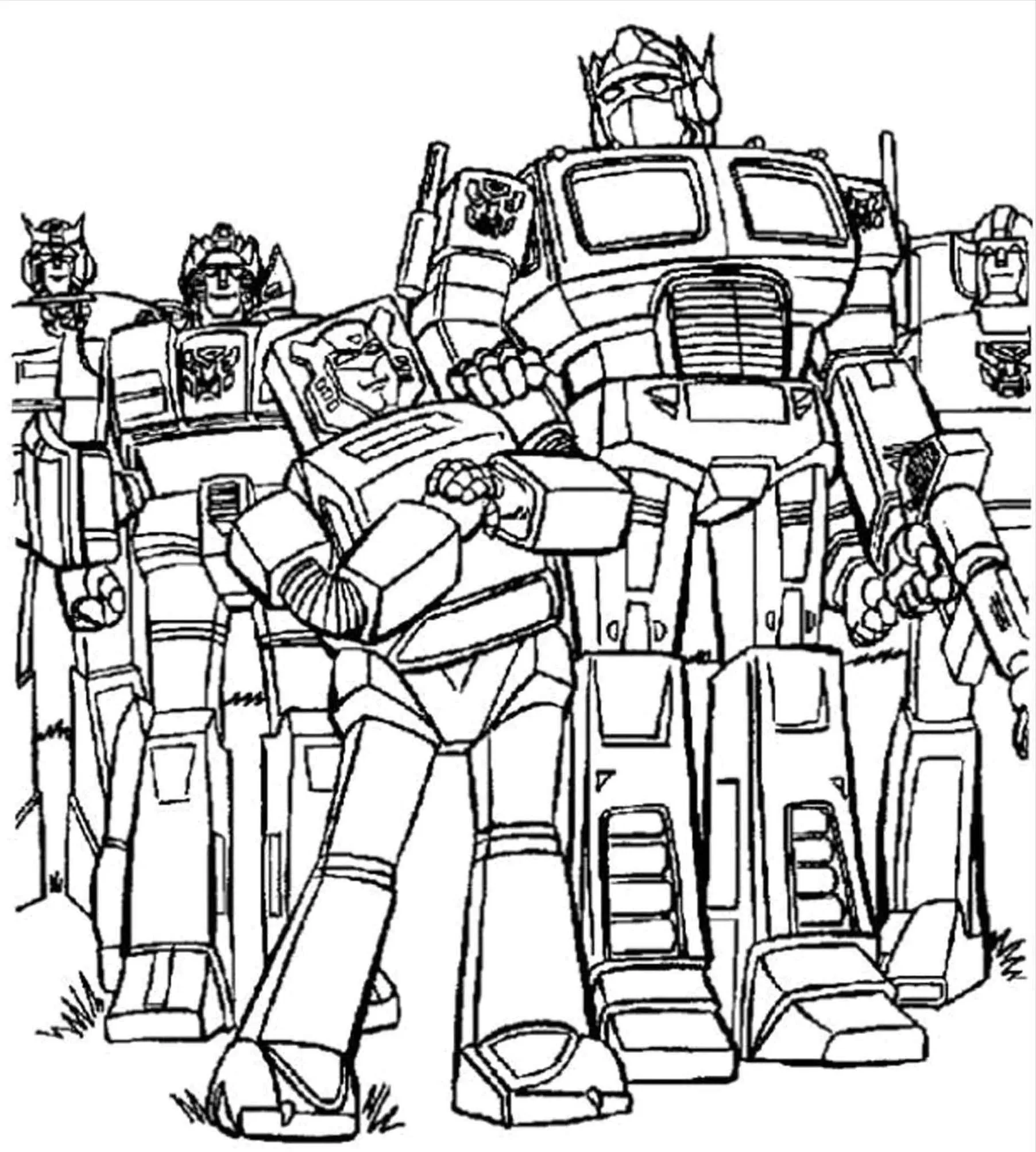 Transformers para colorir em PDF: Vários robôs em ação