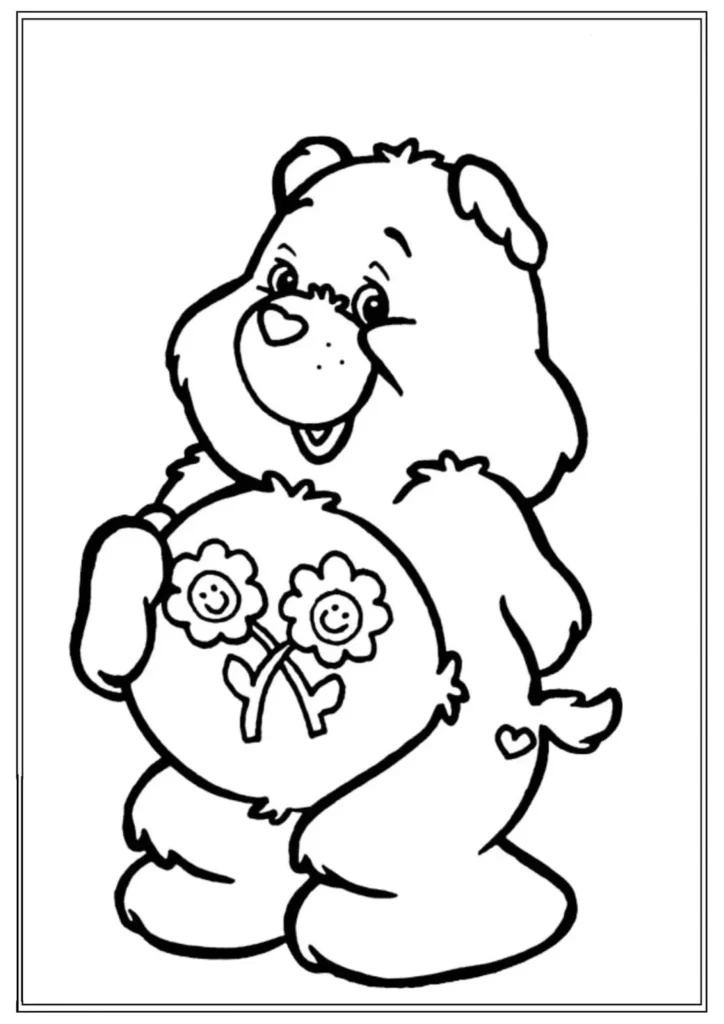 Ursinho Carinhoso Amigo para colorir em PDF. Arte de desenho com o urso sorrindo e flores alegres na barriga.