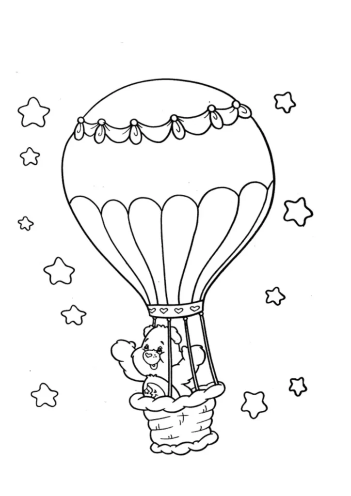 Ursinho Carinhoso em balão no céu estrelado para colorir em PDF