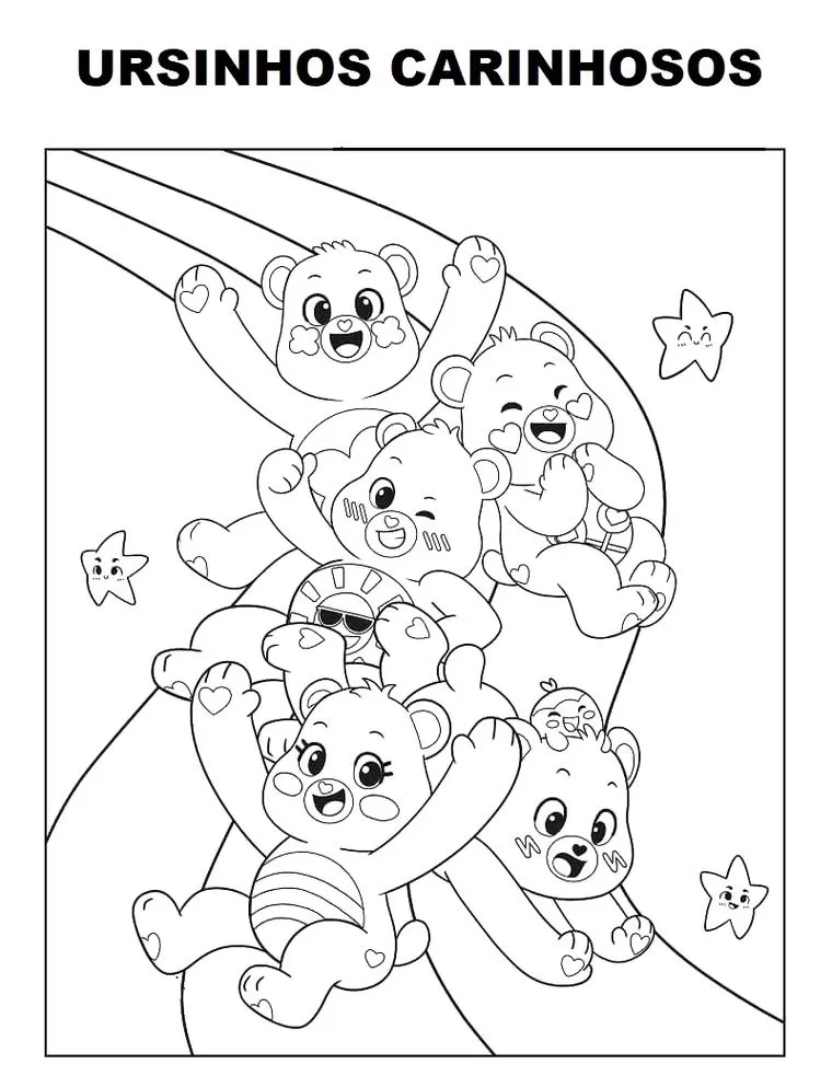 Desenhos dos Ursinhos Carinhosos em PDF Escorregando no Arco Íris