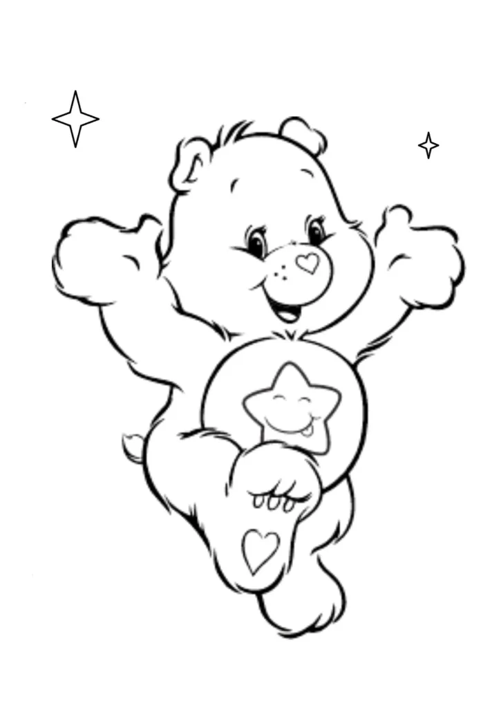 Ursinho Carinhoso sorrindo com estrela na barriga, corações no nariz e pata, e estrelas no céu. Arquivo em PDF.