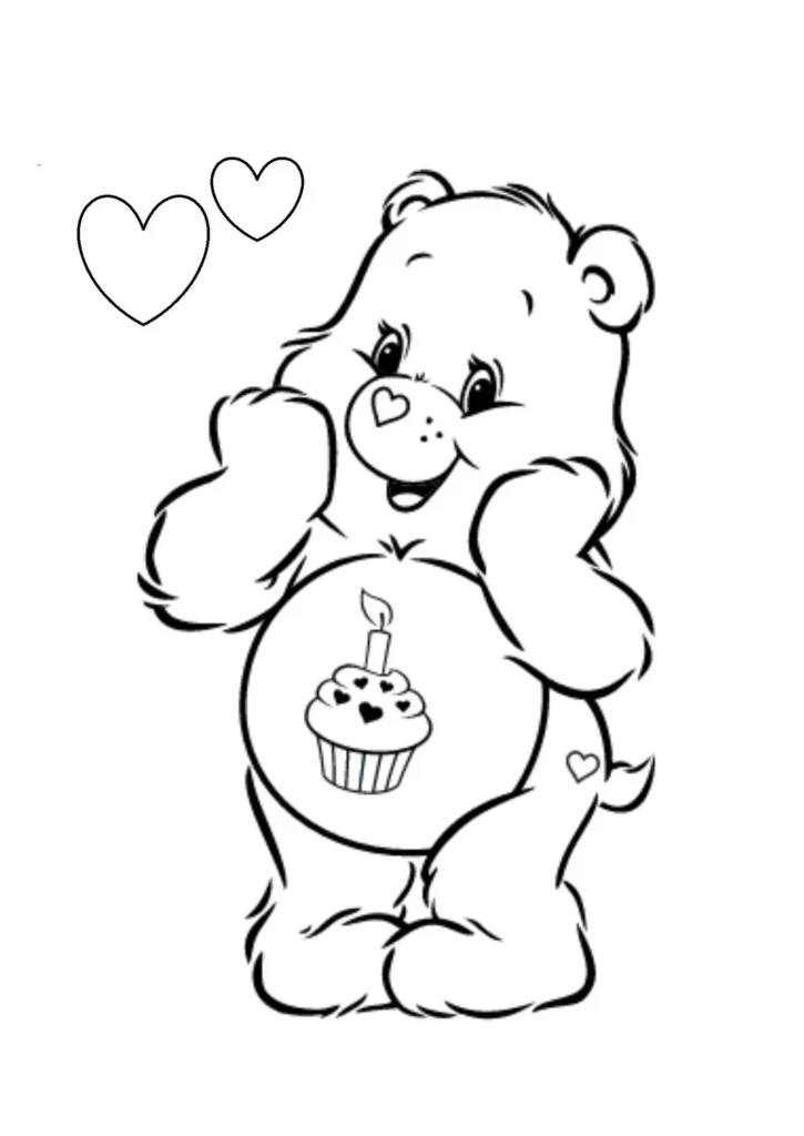 Ursinho Aniversário para colorir em PDF. Desenho do Ursinho Carinhoso sorrindo com cupcake e vela, perfeito para atividades de aniversário.
