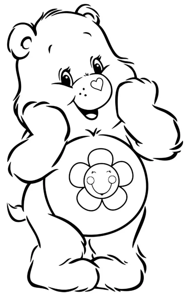 Ursinho Carinhoso Harmonia para colorir em PDF. Desenho do ursinho sorrindo com flor na barriga.