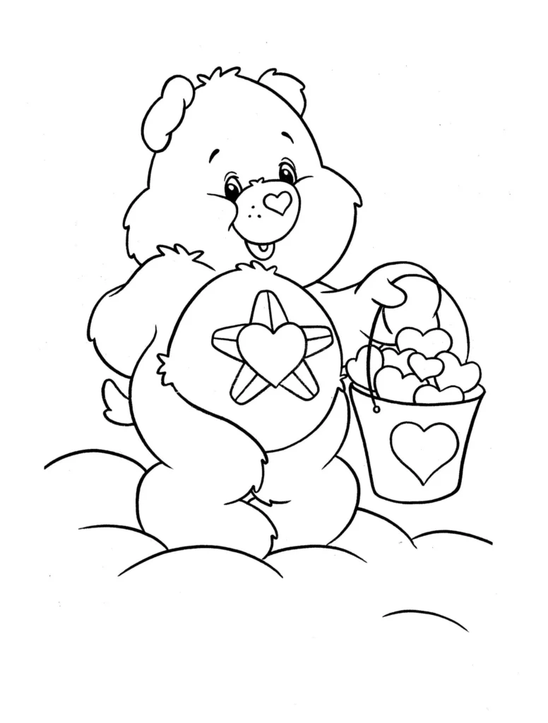 Ursinho Carinhoso Sincesa em PDF para colorir. Ursinho sorrindo em nuvens com balde de corações.