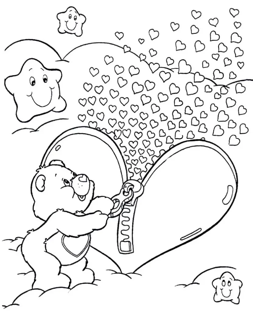 Ursinho Carinhoso liberando corações: desenho em PDF para colorir.