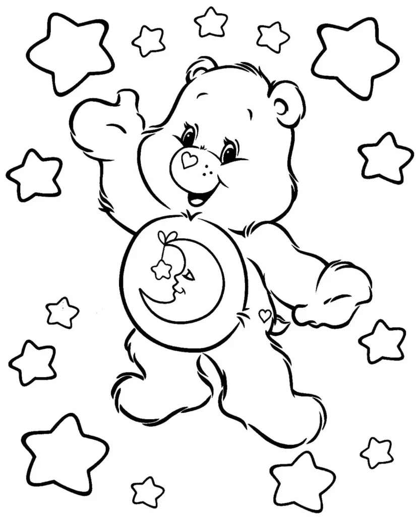 Ursinho Carinhoso Soneca para colorir em PDF. Desenho do Soneca com lua e estrela na barriga.