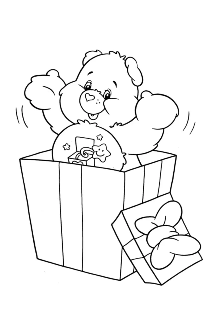 Ursinho Carinhoso Surpresa em PDF: Desenho para colorir com urso saindo de caixa de presente
