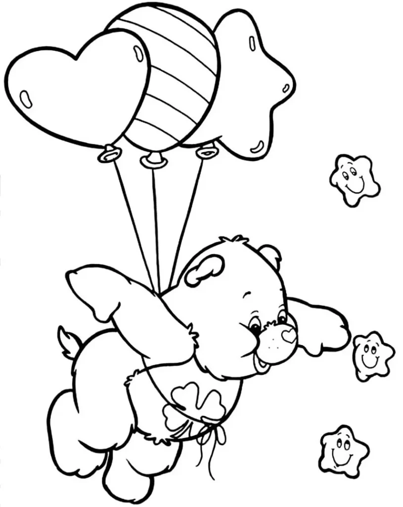 Ursinho Carinhoso voando com balões coloridos. Urso com trevo no babador cercado por estrelas alegres.