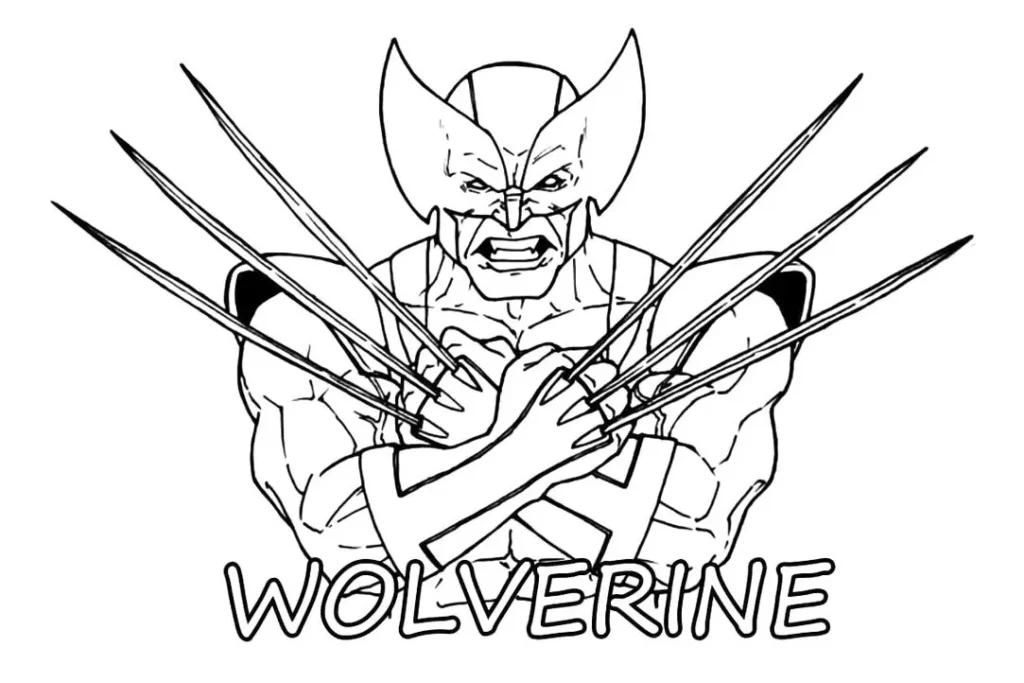 Wolverine dos X-Men para colorir: arte com braços cruzados e expressão furiosa.