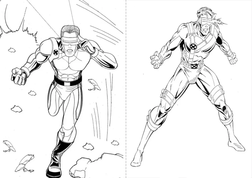 Ciclope dos X-Men para colorir em PDF: artes em ação e poder óptico.