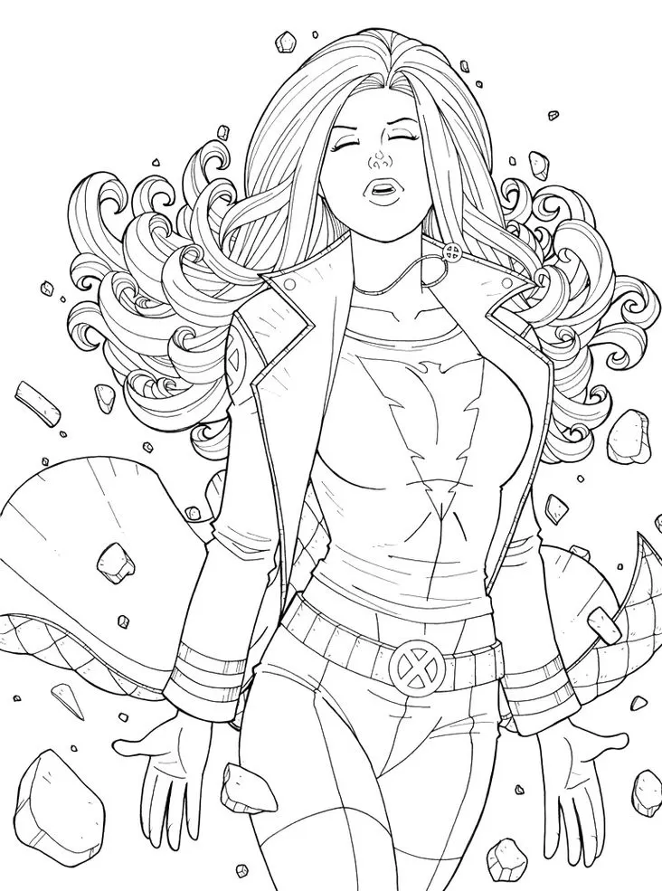 Jean Grey dos X-Men para colorir em PDF: Desenho artístico com poderes telecinéticos.