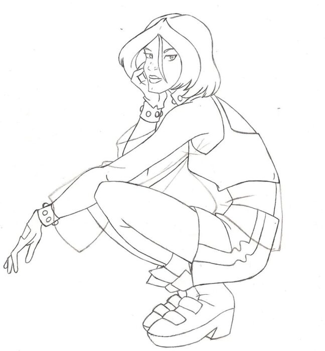 X-Men Vampira para colorir em PDF: Desenho de heroína agachada com jaqueta e shorts.