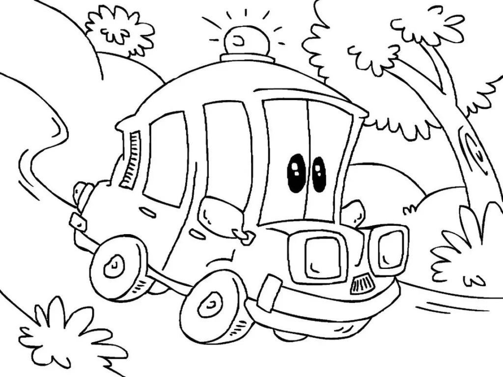 Ambulância divertida em desenho para colorir a caminho em estrada sinuosa.