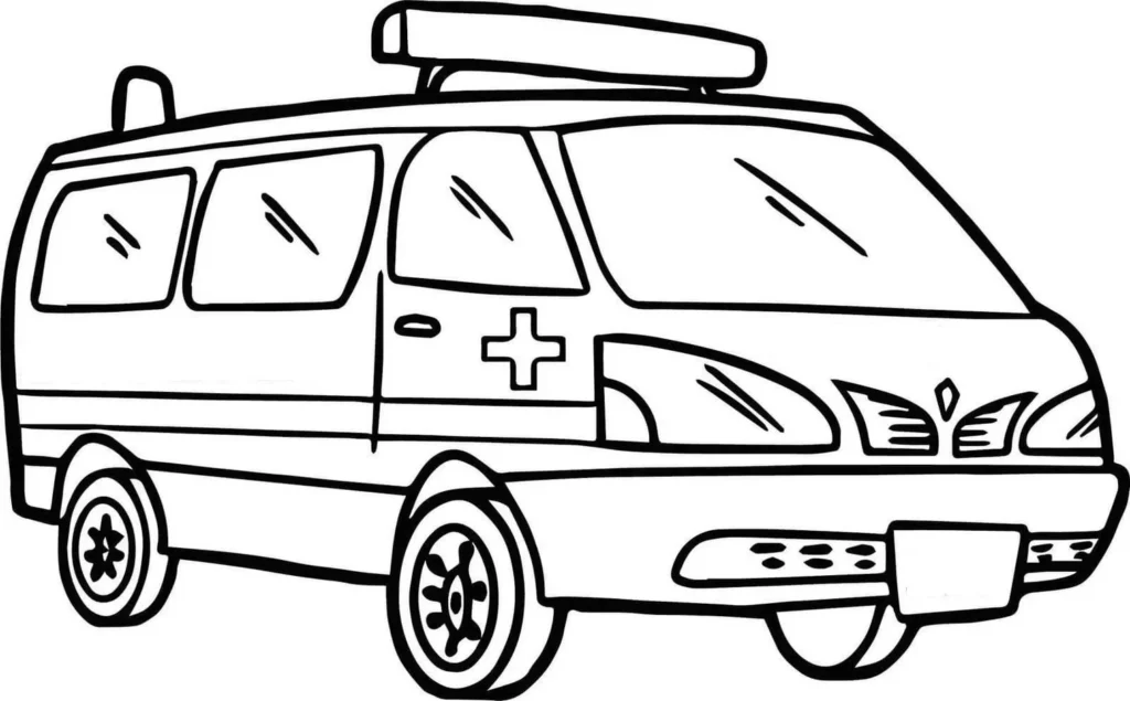 Ambulância antiga para colorir em PDF. Desenho de ambulância clássica com cruz lateral, ideal para atividades criativas.
