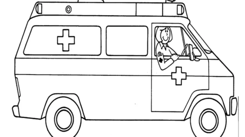 Ambulância Contudora para colorir em PDF: Desenho com motorista sorrindo e símbolos de saúde.