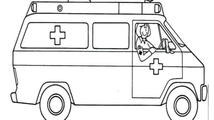 Ambulância Contudora para colorir em PDF: Desenho com motorista sorrindo e símbolos de saúde.