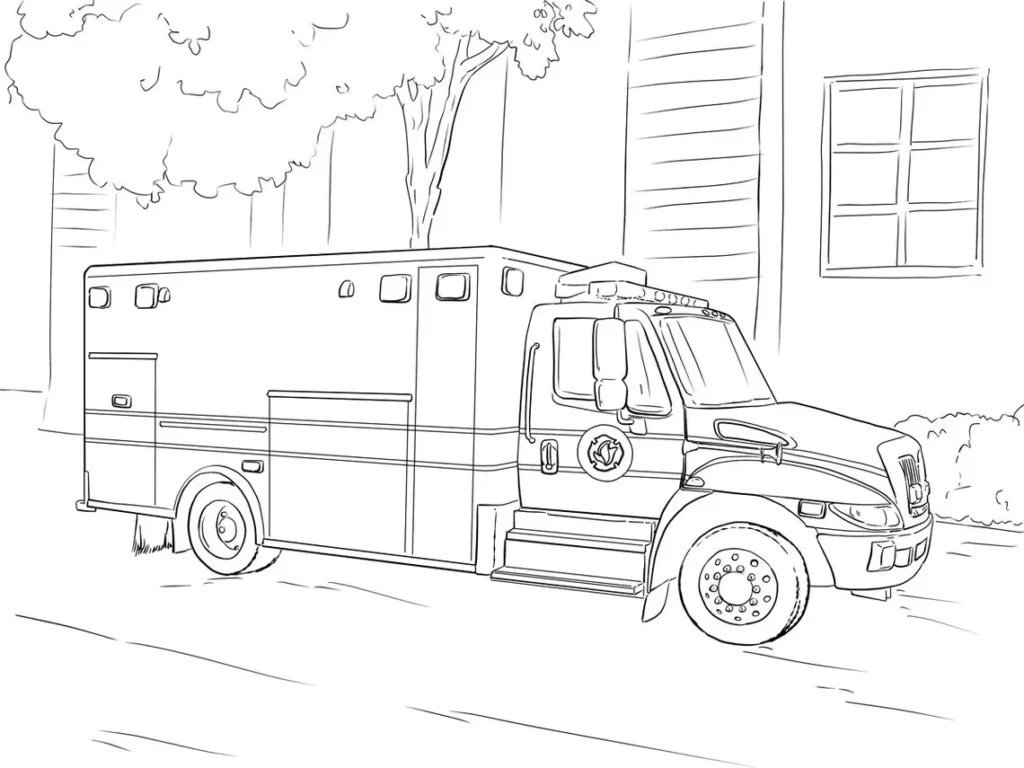Desenho de ambulância para colorir, veículo de emergência em frente a prédio com árvore ao fundo.