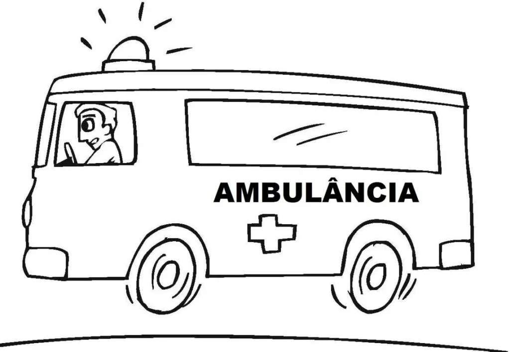 Desenho de ambulância com motorista para colorir. Veículo com sirene e identificação lateral.