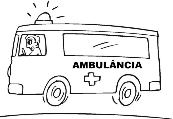 Desenho de ambulância com motorista para colorir. Veículo com sirene e identificação lateral.