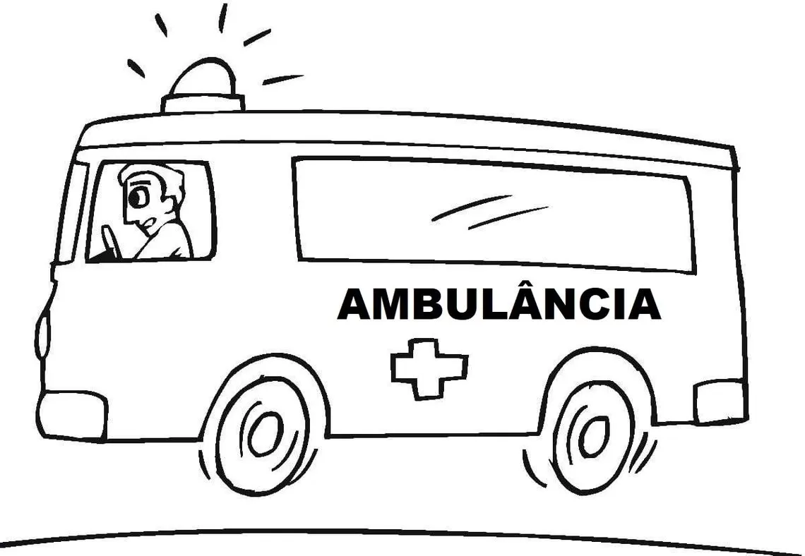 Desenho de ambulância com motorista para colorir. Veículo com sirene e identificação lateral.