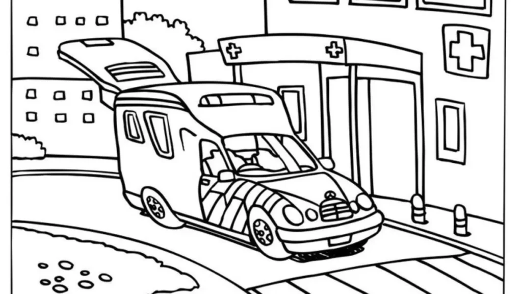 Ambulância em frente ao hospital: desenho para colorir em PDF.