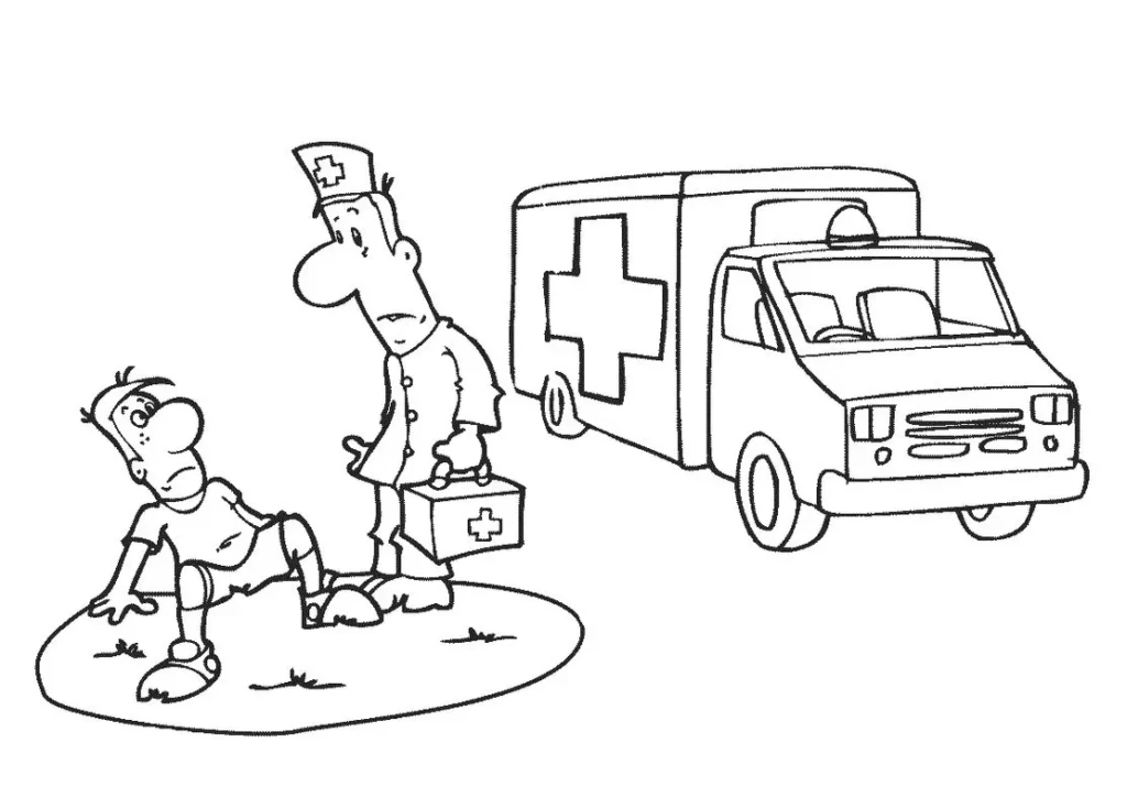 Ambulância em ação: desenho para colorir de paramédico socorrendo paciente