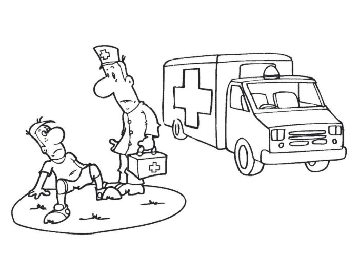 Ambulância em ação: desenho para colorir de paramédico socorrendo paciente