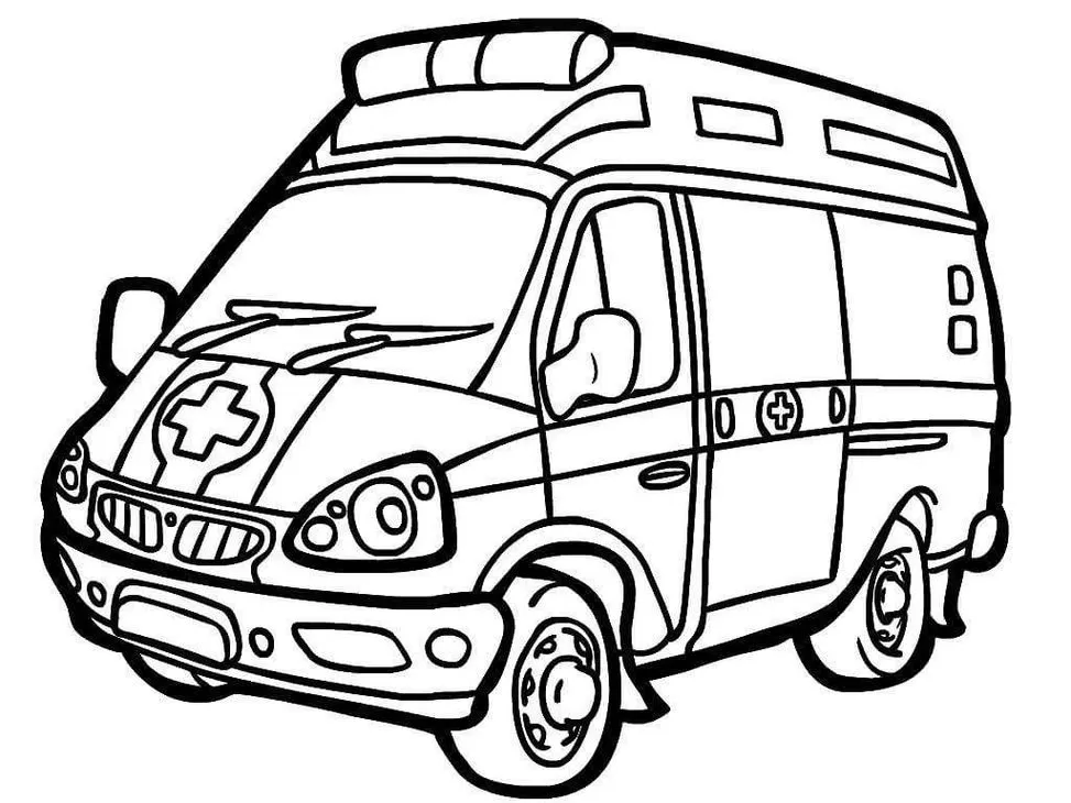Ambulância do SAMU para colorir em PDF. Desenho com cruz no capô, luzes e sinais laterais.
