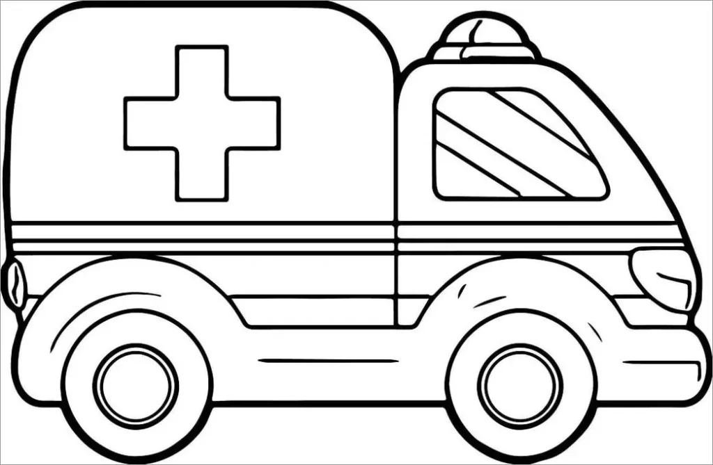 Ambulância para colorir em PDF: desenho simples de veículo de emergência com cruz na lateral.