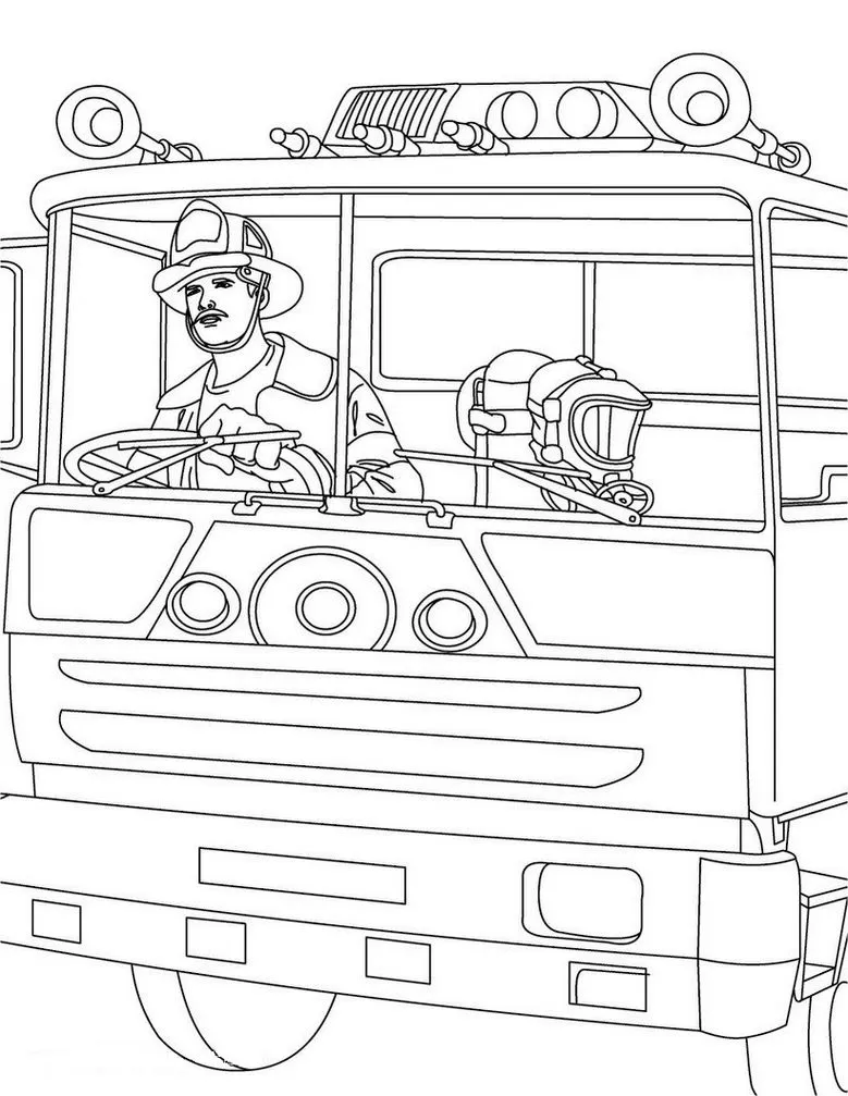 Caminhão de bombeiro em ação: desenho para colorir em PDF, com bombeiro e capacete.