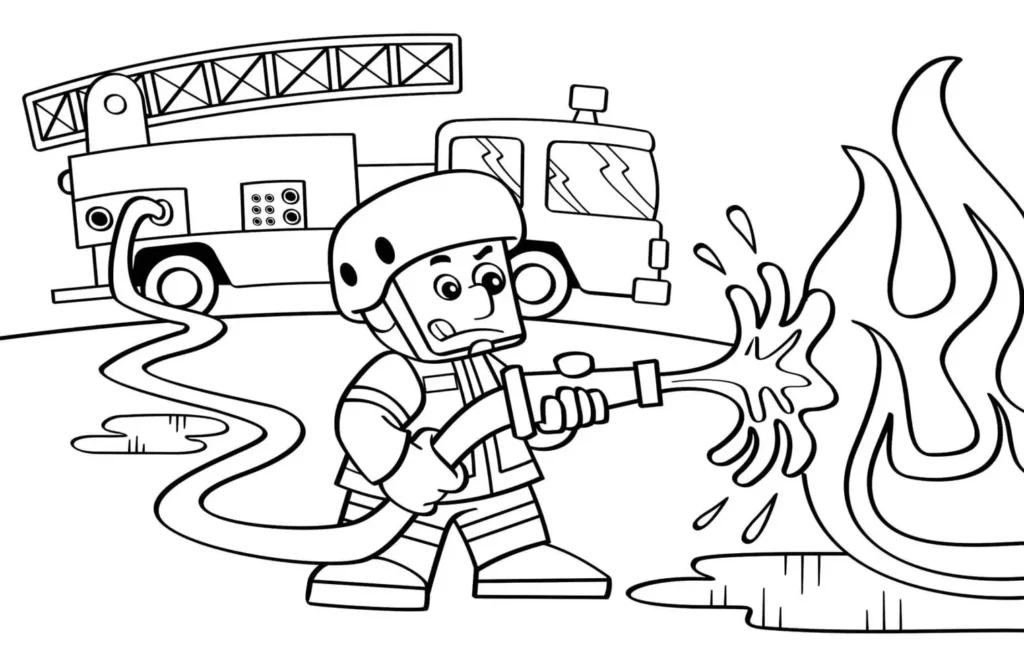 Caminhão de bombeiro em ação: desenho para colorir de bombeiro combatendo incêndio com mangueira.