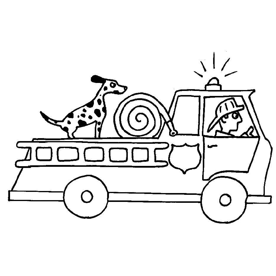 Caminhão de bombeiro com bombeiro e dálmata para colorir em PDF.