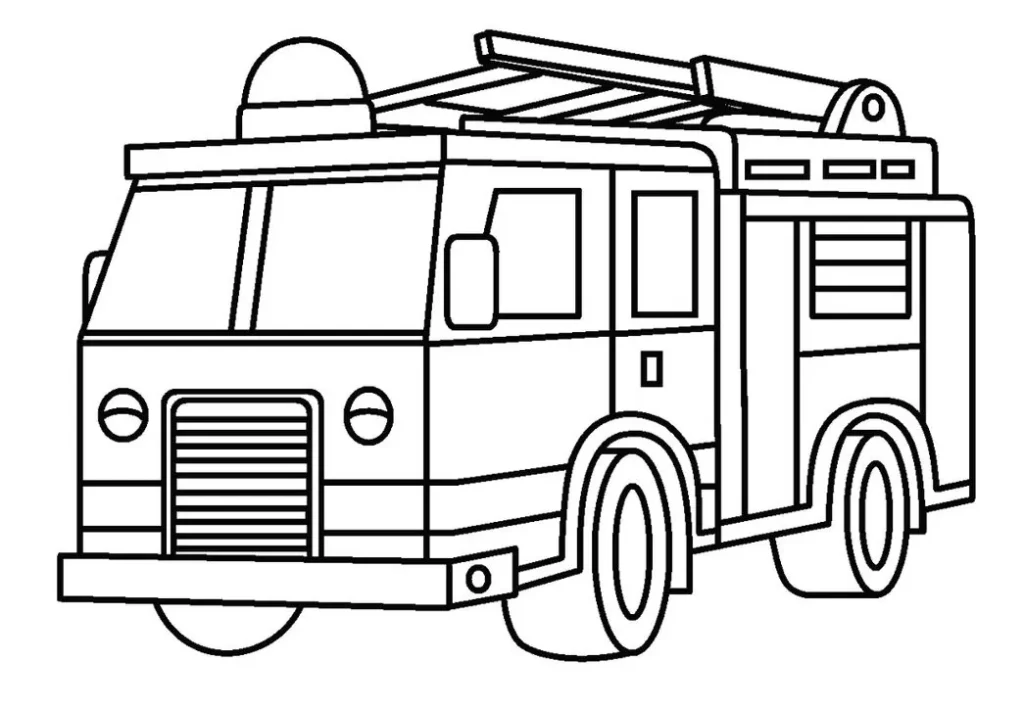 Caminhão de bombeiros para colorir em PDF com sirene no teto. Desenho de bombeiro com cabine, escada e rodas grandes.