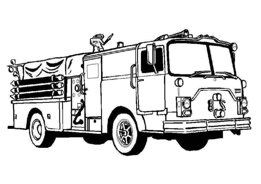 Caminhão de bombeiros para colorir em PDF: desenho completo do veículo com cabine, para-brisa, faróis e equipamentos de combate a incêndio.