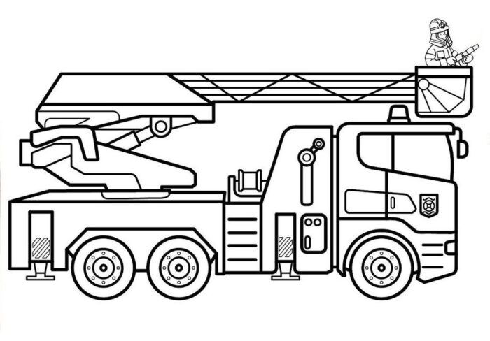 Caminhão de bombeiros equipado com escada e bombeiro para colorir em PDF.