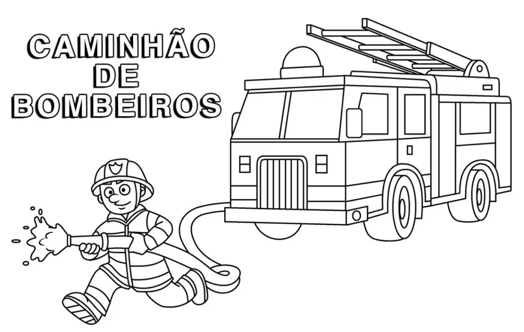 Caminhão de bombeiros com mangueira em ação: desenho para colorir com bombeiro combatendo fogo.
