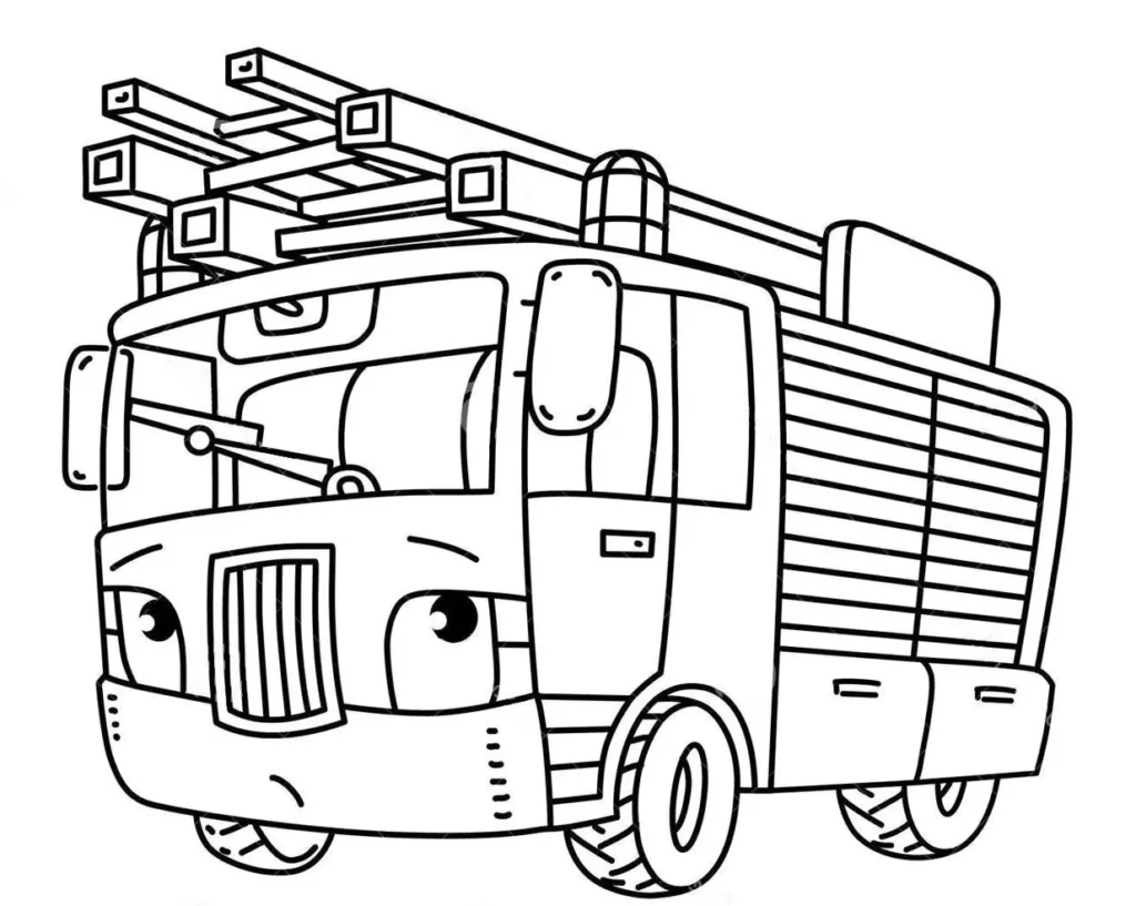 Caminhão de bombeiro com muitas escadas, desenho para colorir em PDF. Veículo com estilo caricatura e expressão amigável.