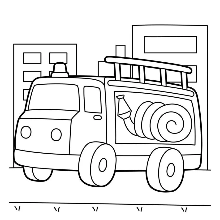 Caminhão de bombeiro para colorir em cenário urbano.