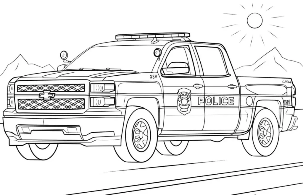 Carro de polícia 4x4 para colorir em PDF: Aventura e criatividade para crianças.