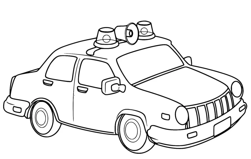 Carro de polícia antigo para colorir em PDF: desenho clássico com sirenes e megafone.