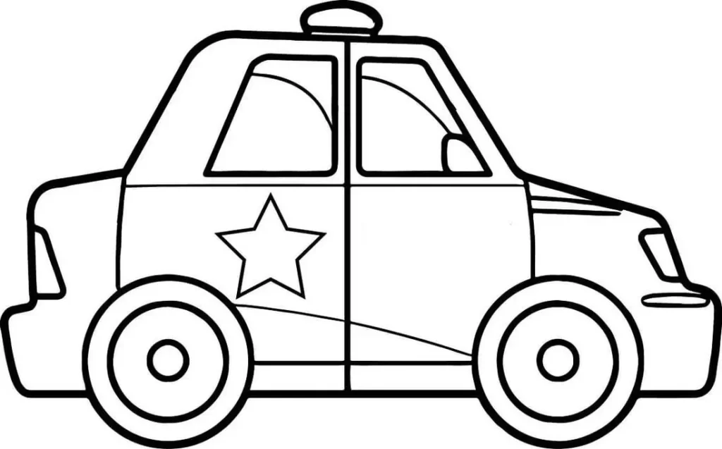 Carro de polícia Cherife para colorir em PDF. Desenho simples com estrela na lateral, janelas e farol.