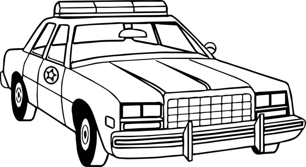 Carro de polícia com cirene para colorir em PDF. Desenho de viatura policial com distintivo e grade frontal característica.