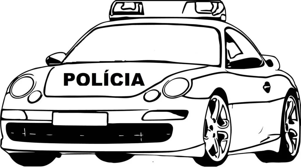 Desenho de carro de polícia em ação para colorir: viatura esportiva com a palavra 'POLÍCIA' em destaque e sirene no teto.