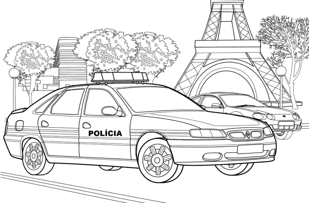 Carro de polícia em desenho para colorir com a Torre Eiffel ao fundo, cenário urbano de Paris