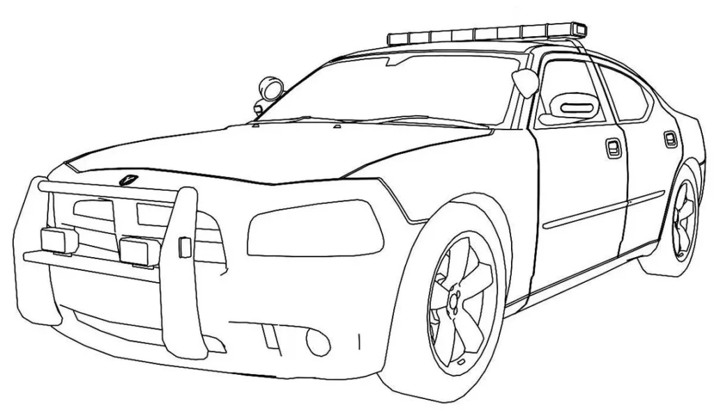 Carro de polícia moderno em estilo de desenho para colorir. Sedã com barra de luzes e quebra-mato.